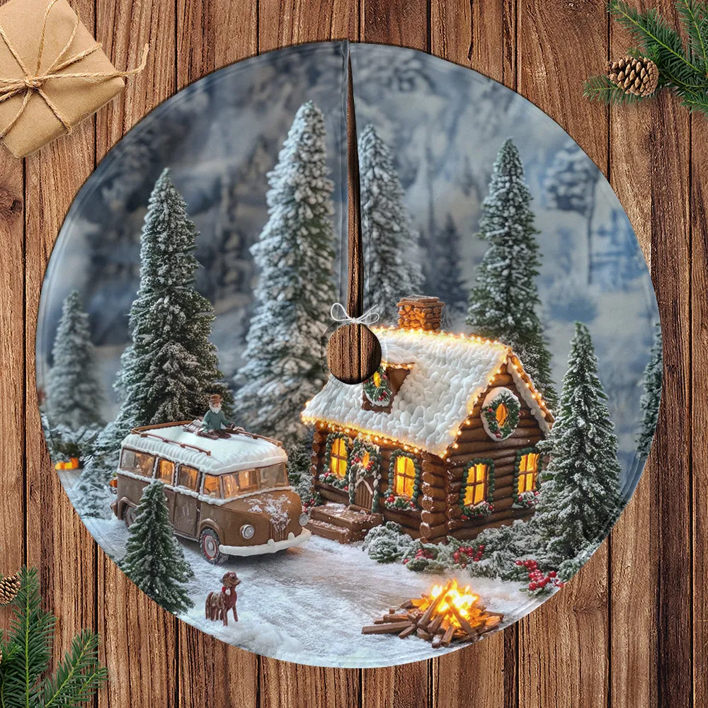 Teesdily | Snowy Christmas House With Christmas Tree Xmas Tree Skirt, Beautiful Cabin Tree Skirt For Christmas Tree, Indoor Decor