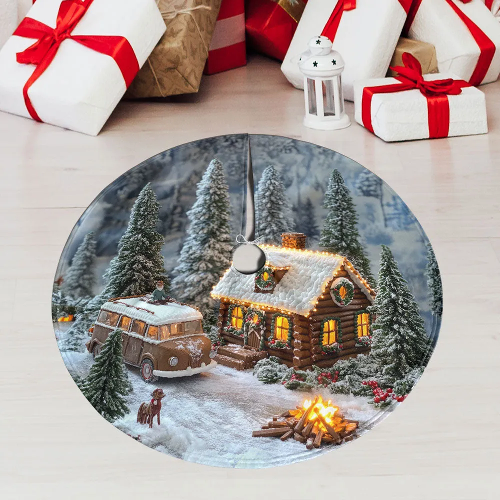 Teesdily | Snowy Christmas House With Christmas Tree Xmas Tree Skirt, Beautiful Cabin Tree Skirt For Christmas Tree, Indoor Decor