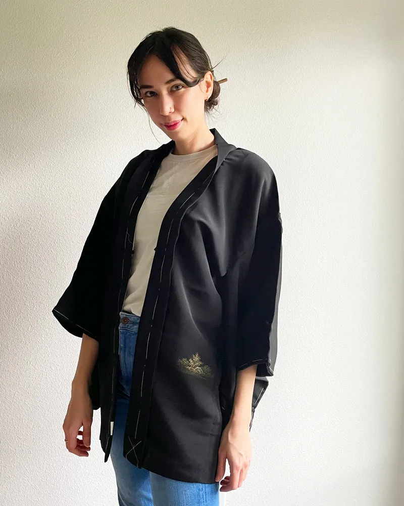 Temple in the Forest Black Haori Kimono Jacket