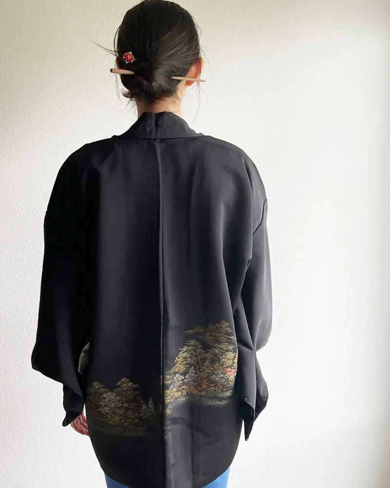 Temple in the Forest Black Haori Kimono Jacket