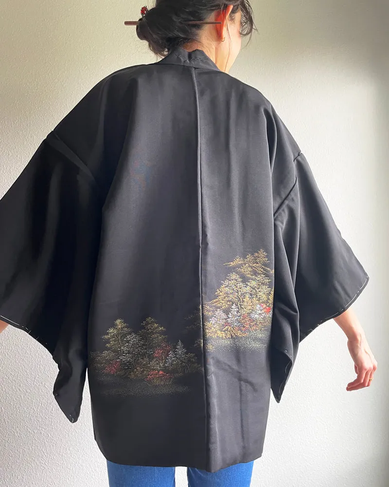 Temple in the Forest Black Haori Kimono Jacket