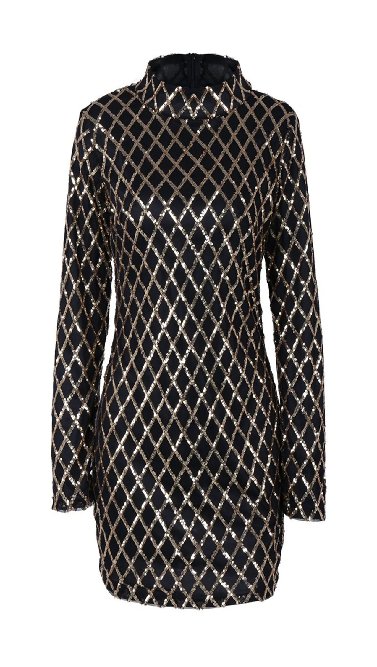 The Natalie Long Sleeved Criss Cross Sequin Turtleneck Dress Black