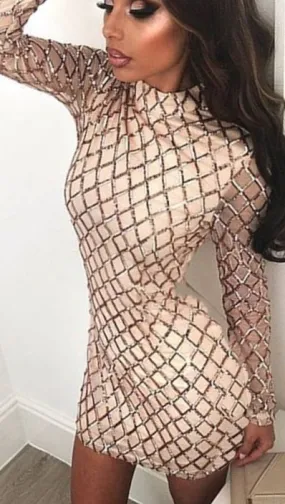 The Natalie Long Sleeved Criss Cross Sequin Turtleneck Dress Champagne