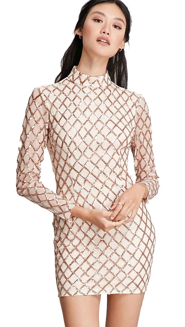 The Natalie Long Sleeved Criss Cross Sequin Turtleneck Dress Champagne