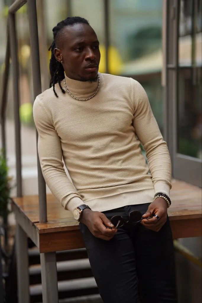 Thread Slim Fit Custom Design Half Collared Beige Turtleneck