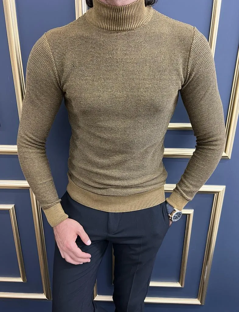 Thread Slim Fit Custom Design Half Collared Camel Turtleneck