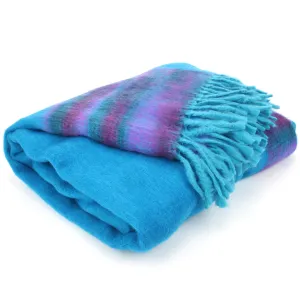 Tibetan Wool Blend Shawl Blanket - Blue with Purple Reverse