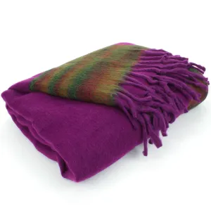 Tibetan Wool Blend Shawl Blanket - Purple with Green & Red Reverse