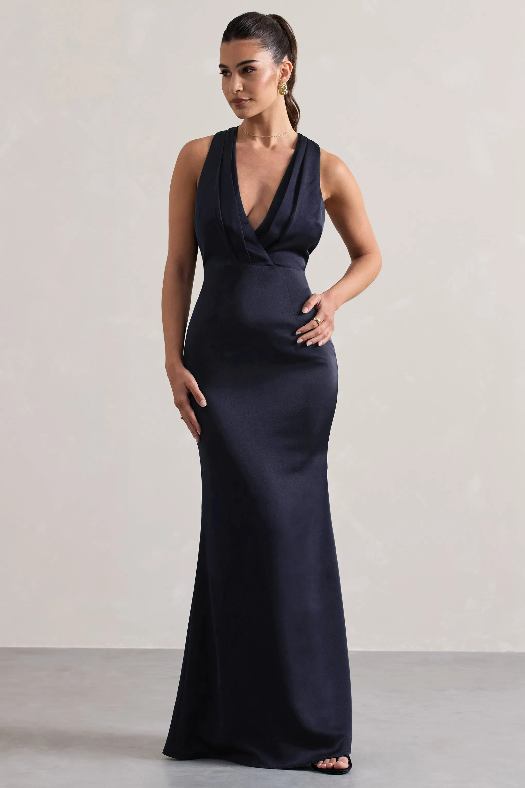 Tiffany | Navy Satin Plunge-Neck Maxi Dress