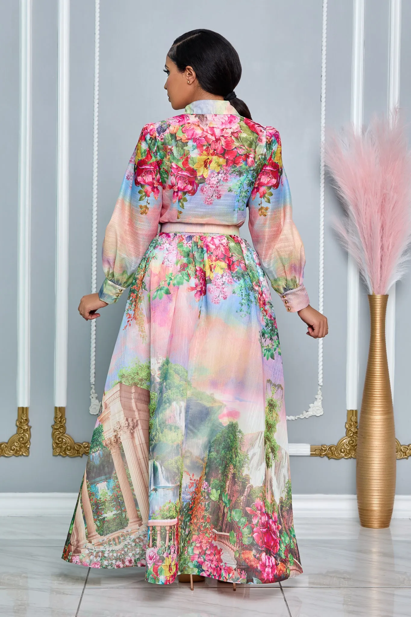 TROPICAL PARADISE COLLARED TOP AND MAXI SKIRT SET (MULTI)