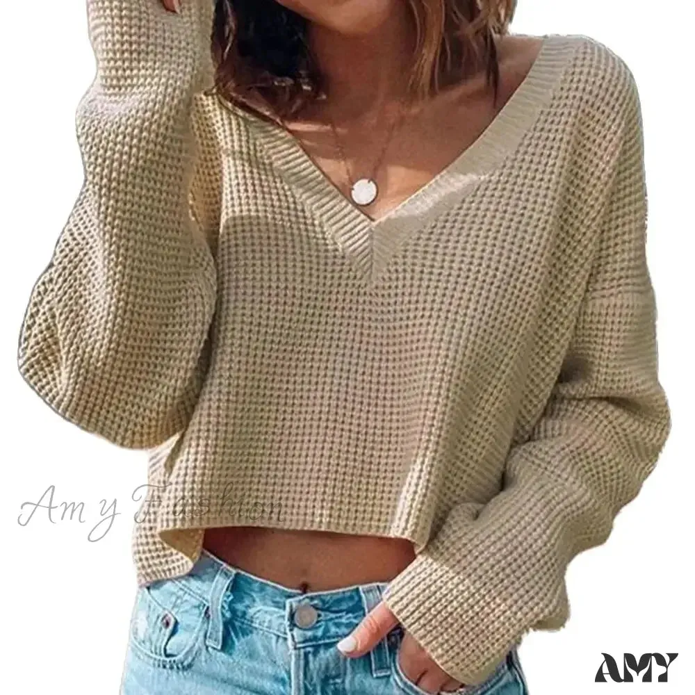 V-neck Short-Style Waffle Crop Top Fashion Spring Autumn Sweater