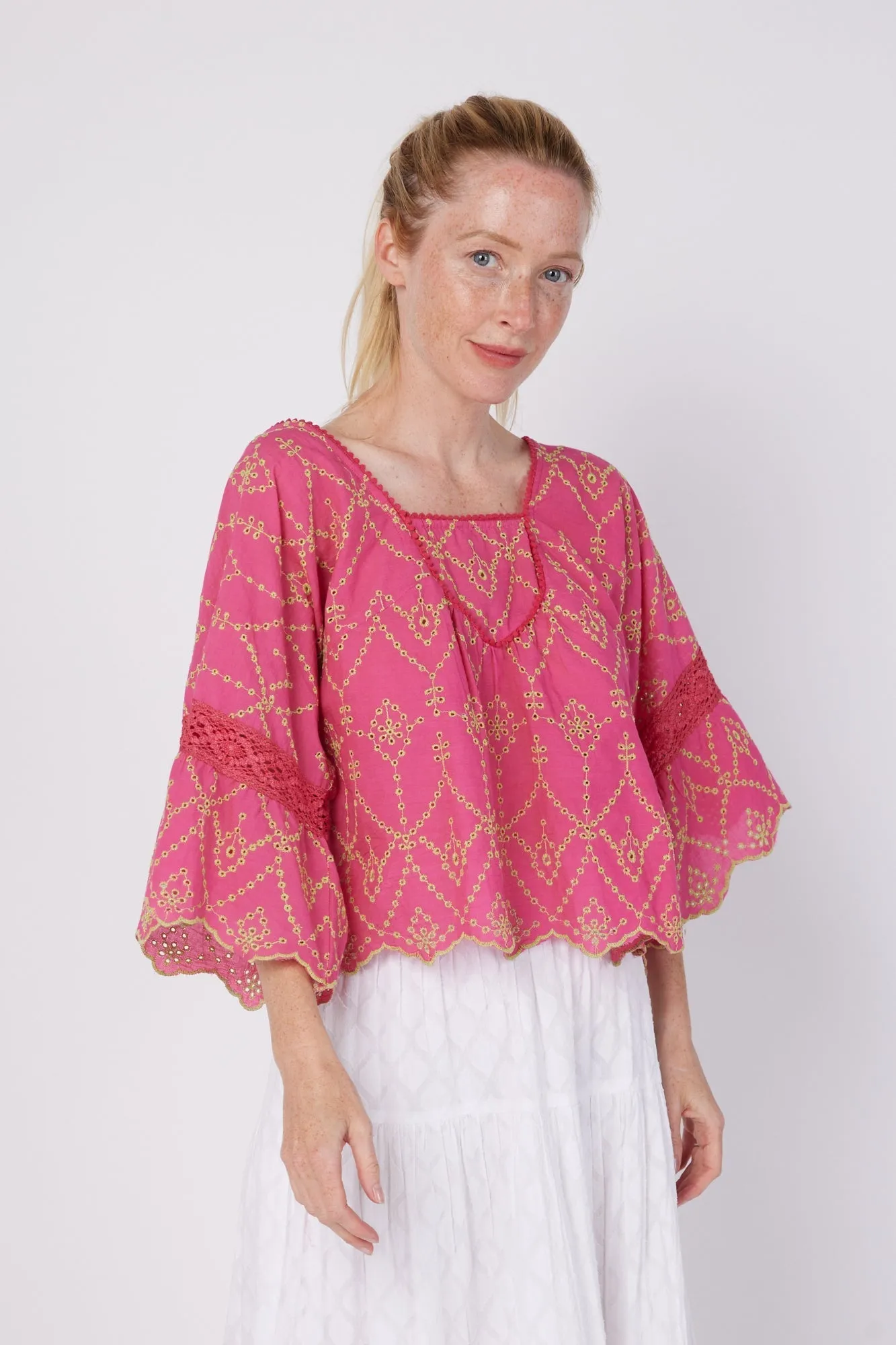 Vanna Short Bell Sleeve Hand Embroidered Eyelet Blouse in Sorbet