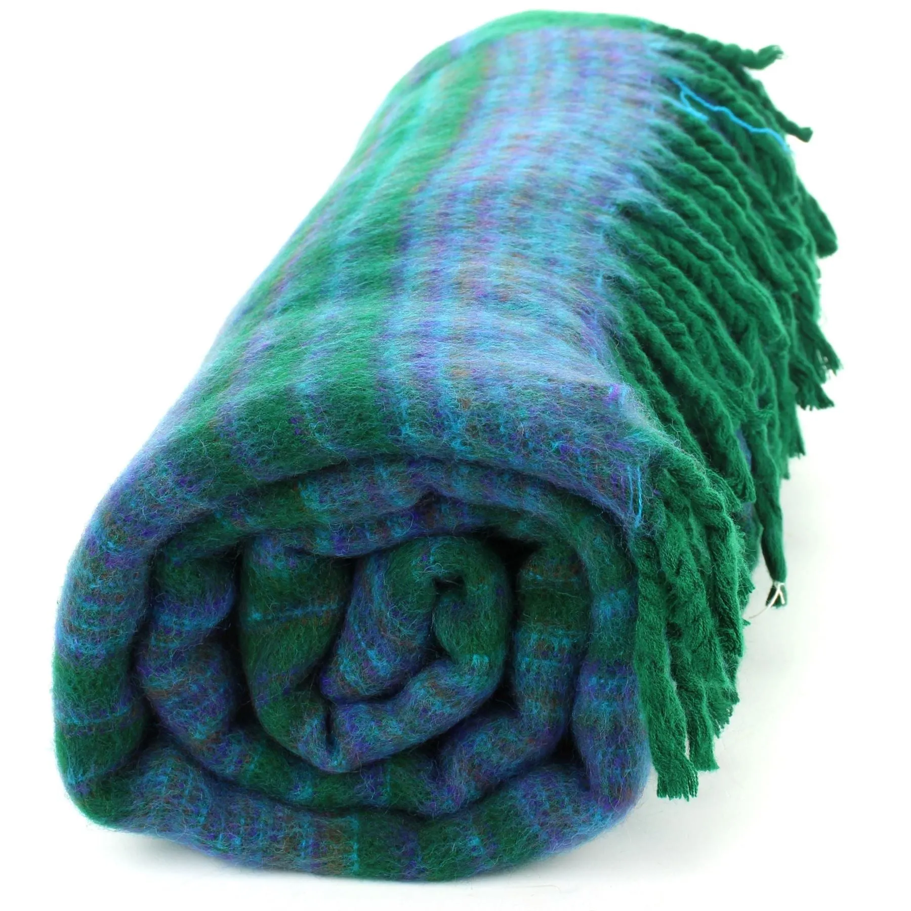 Vegan Wool Shawl Blanket - Stripe - Racing Green Blue