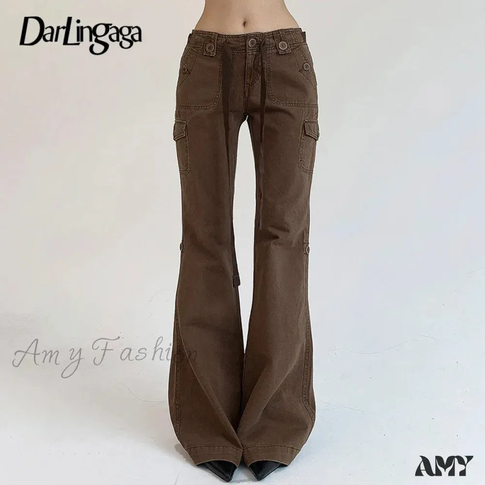 Vintage Y2K Chic Brown Low Waisted Flared Stitched Grunge Streetwear Slim Denim Jean