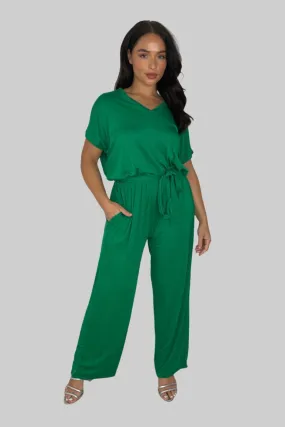 Viscose Blend V-Cut Short Sleeve Casual Tie Up Jumpsuit