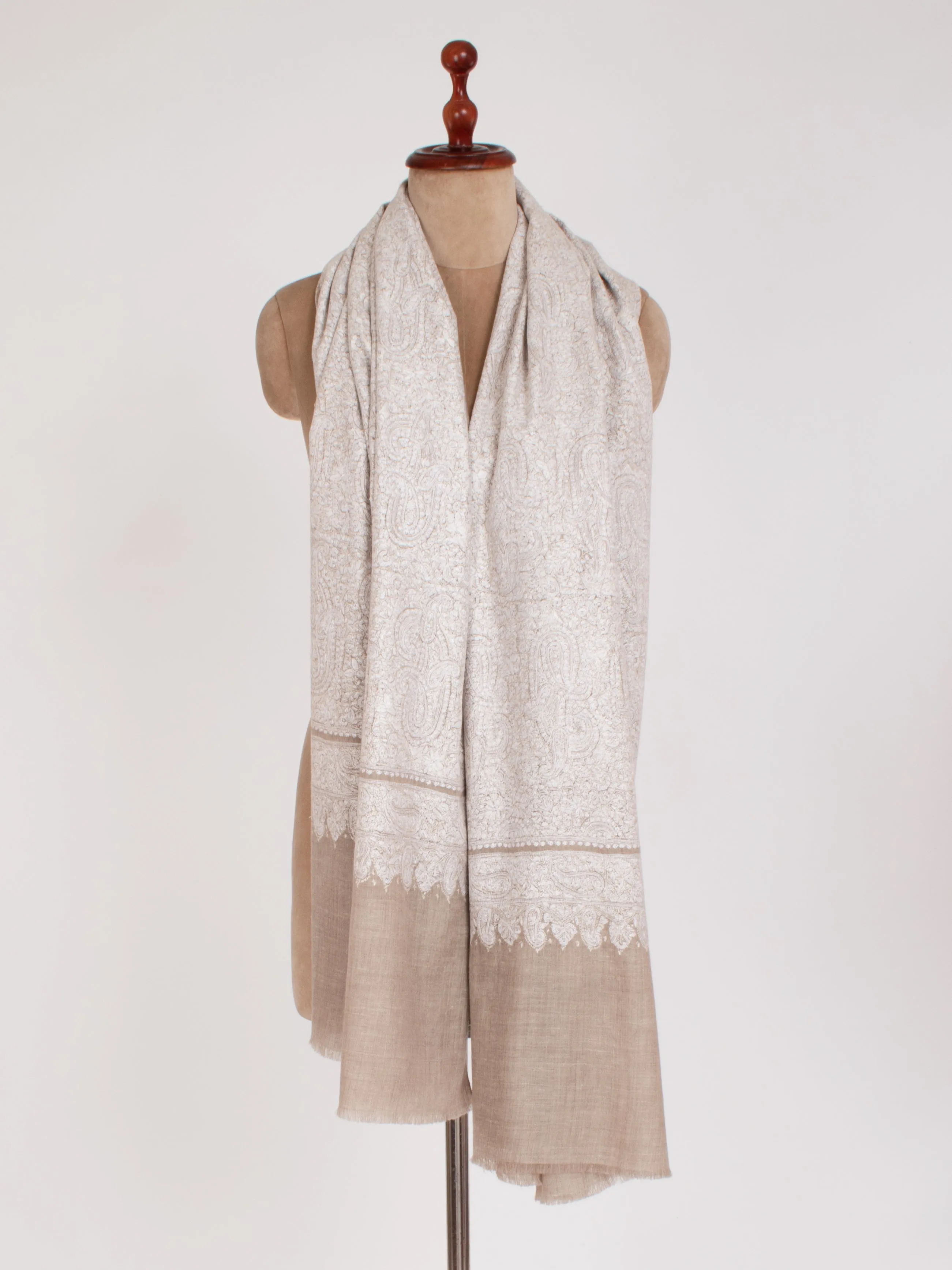 White on Grey Luxury Bridal Embroidered Pashmina Shawl