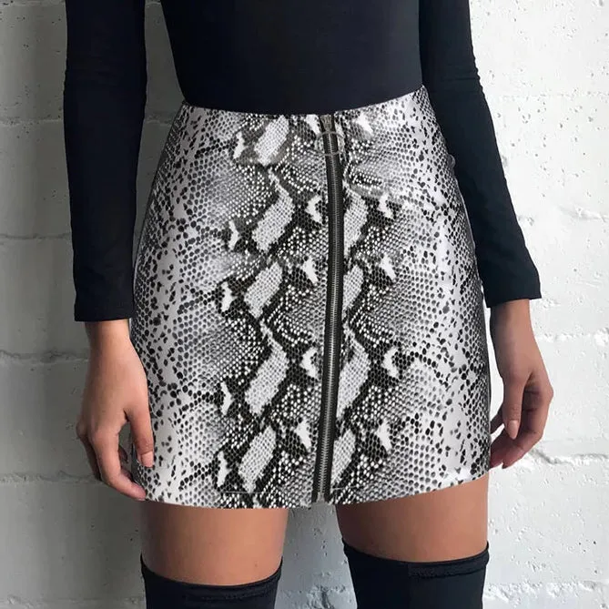 White Snake Skin Printed Leather Skirt