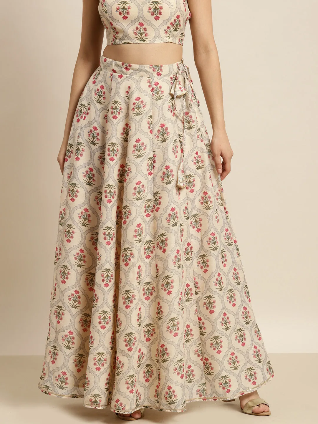 Women Beige Chanderi Mughal Floral Anarkali Skirt