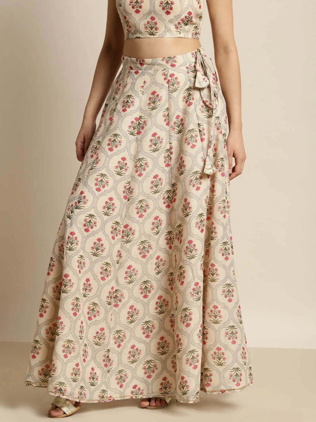 Women Beige Chanderi Mughal Floral Anarkali Skirt