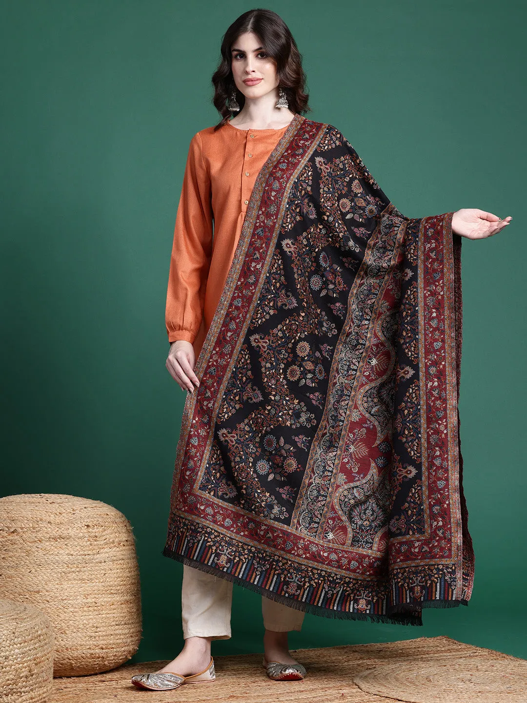 Women Black Woolen Ethnic Motifs Woven Design Shawl