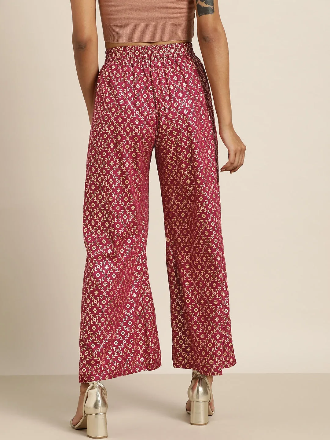 Women Burgundy Foil Print Flared Liva Pants