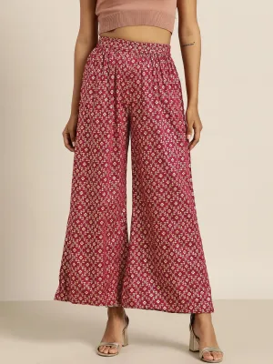 Women Burgundy Foil Print Flared Liva Pants