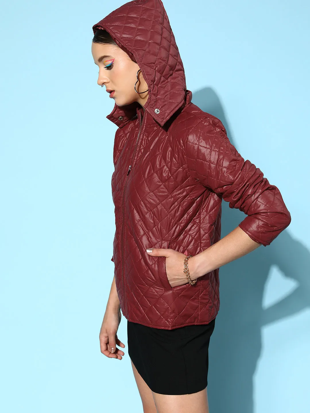 Women Burgundy Quilted Hooded Puffer Jacket