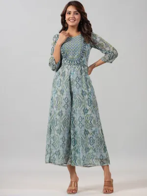 Women Green Chiffon Printed With Embroidery Jumpsuit