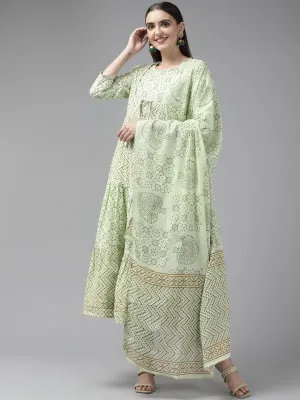 Women Green Ethnic Print Tiered Pure Cotton Kurta With Trousers & Dupatta