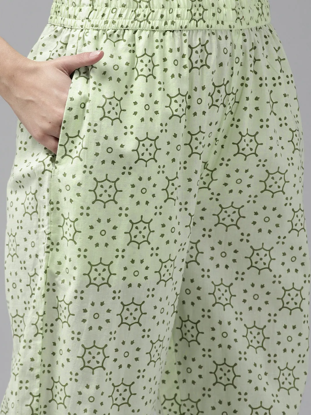 Women Green Ethnic Print Tiered Pure Cotton Kurta With Trousers & Dupatta