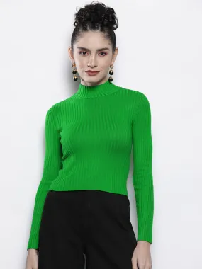 Women Green Rib High Neck Full Sleeves Sweater