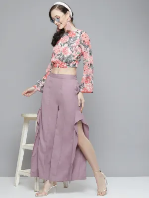 Women Lavender Side Slit Ruffled Wide Leg Pants