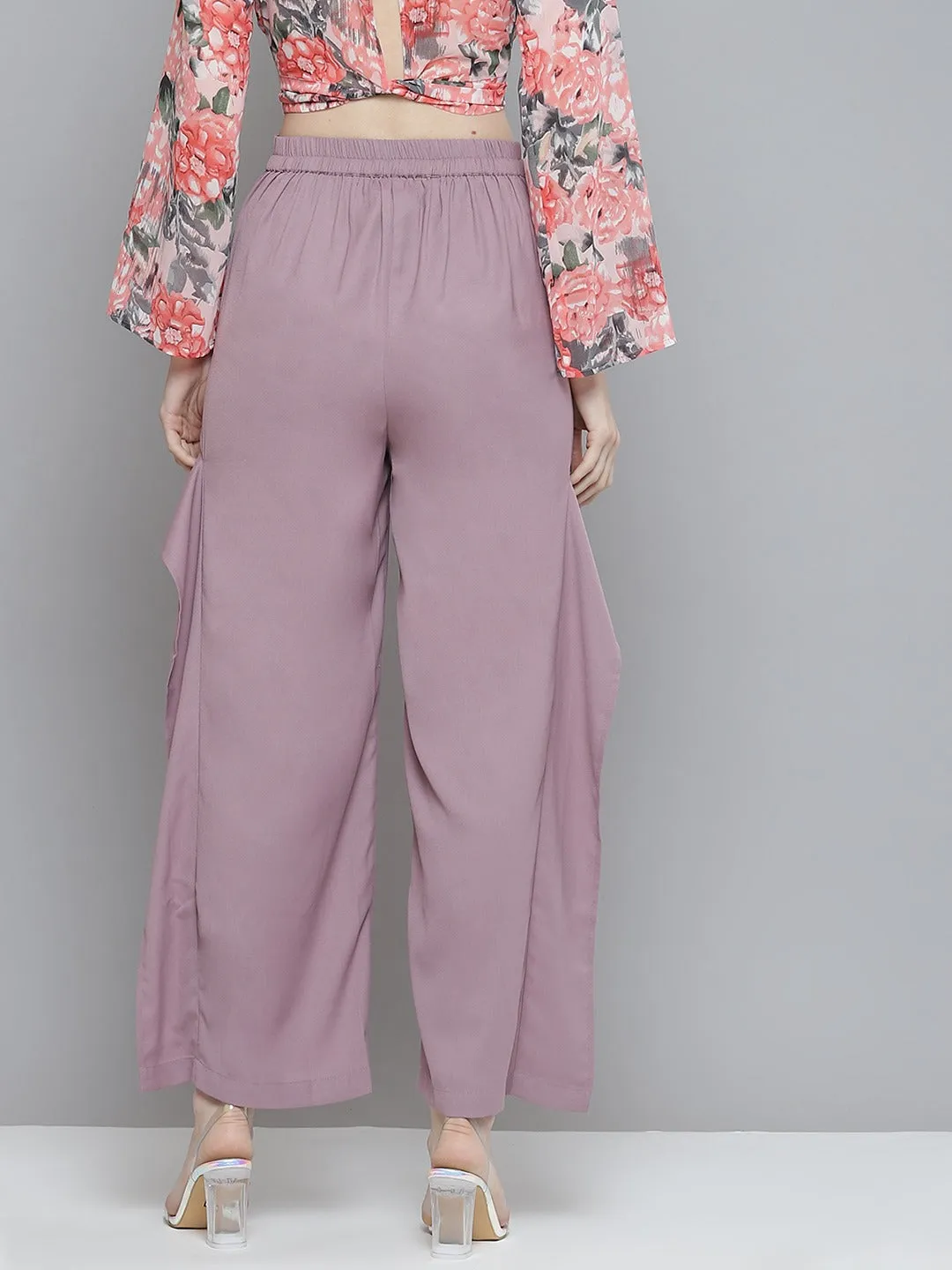 Women Lavender Side Slit Ruffled Wide Leg Pants