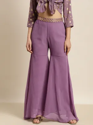 Women Purple Embroidered Waist Flared Sharara Pants