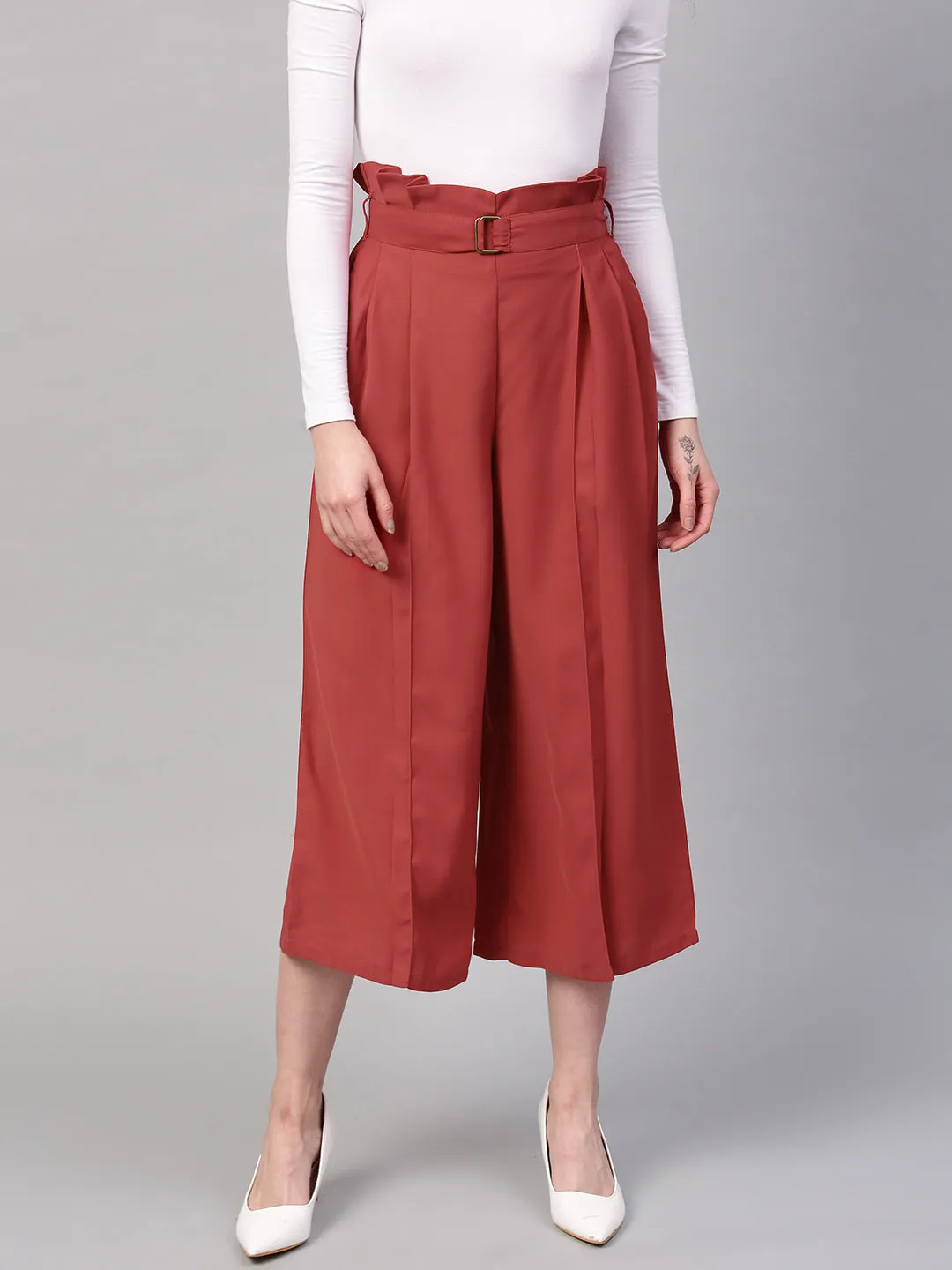 Women Red Paper Bag Waist Culottes