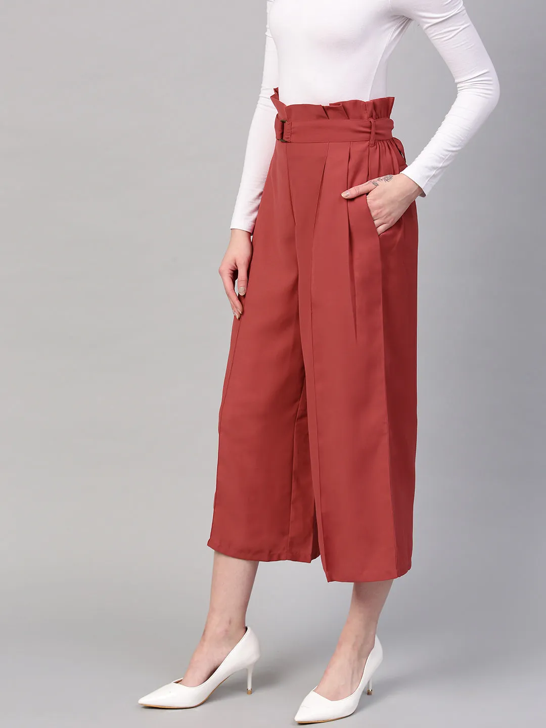 Women Red Paper Bag Waist Culottes