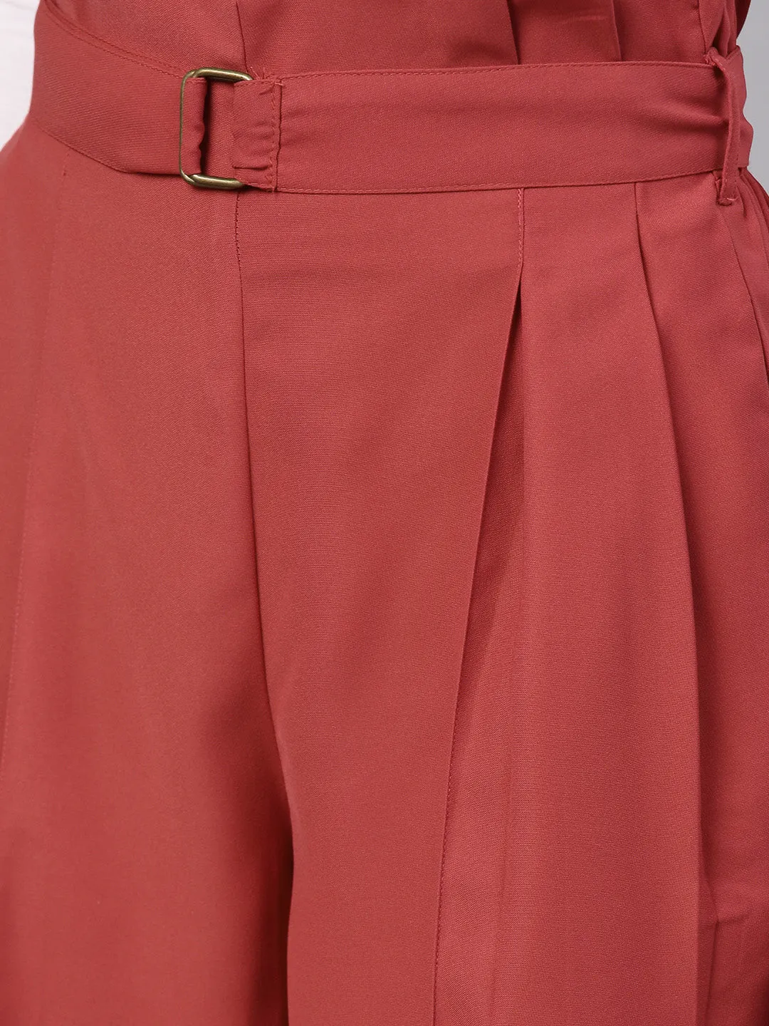 Women Red Paper Bag Waist Culottes