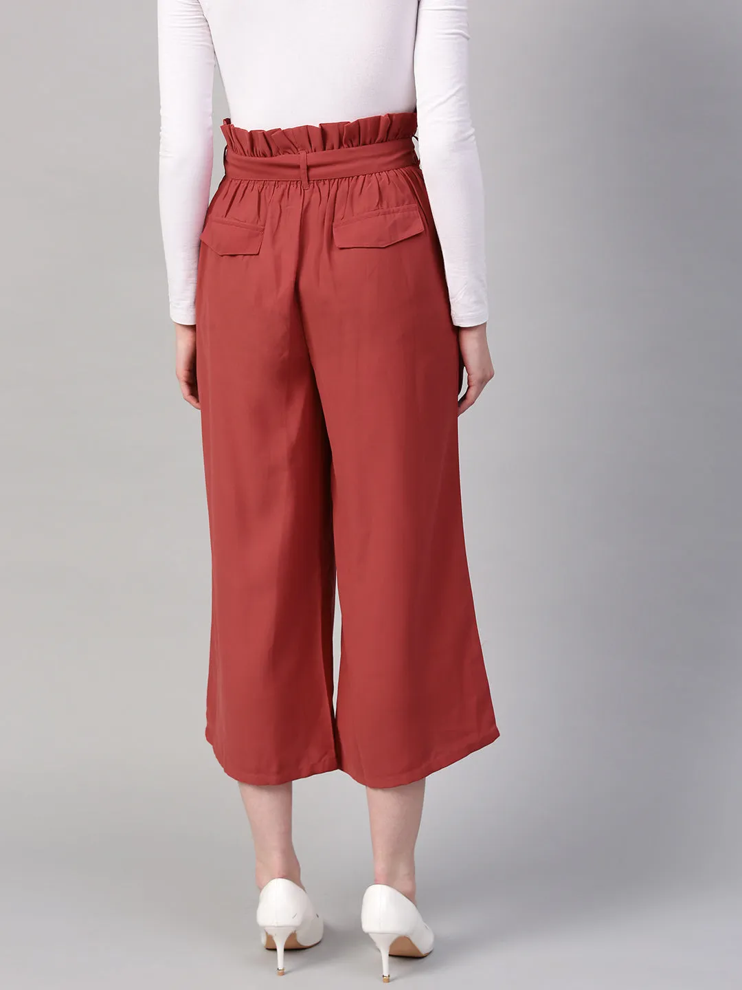 Women Red Paper Bag Waist Culottes