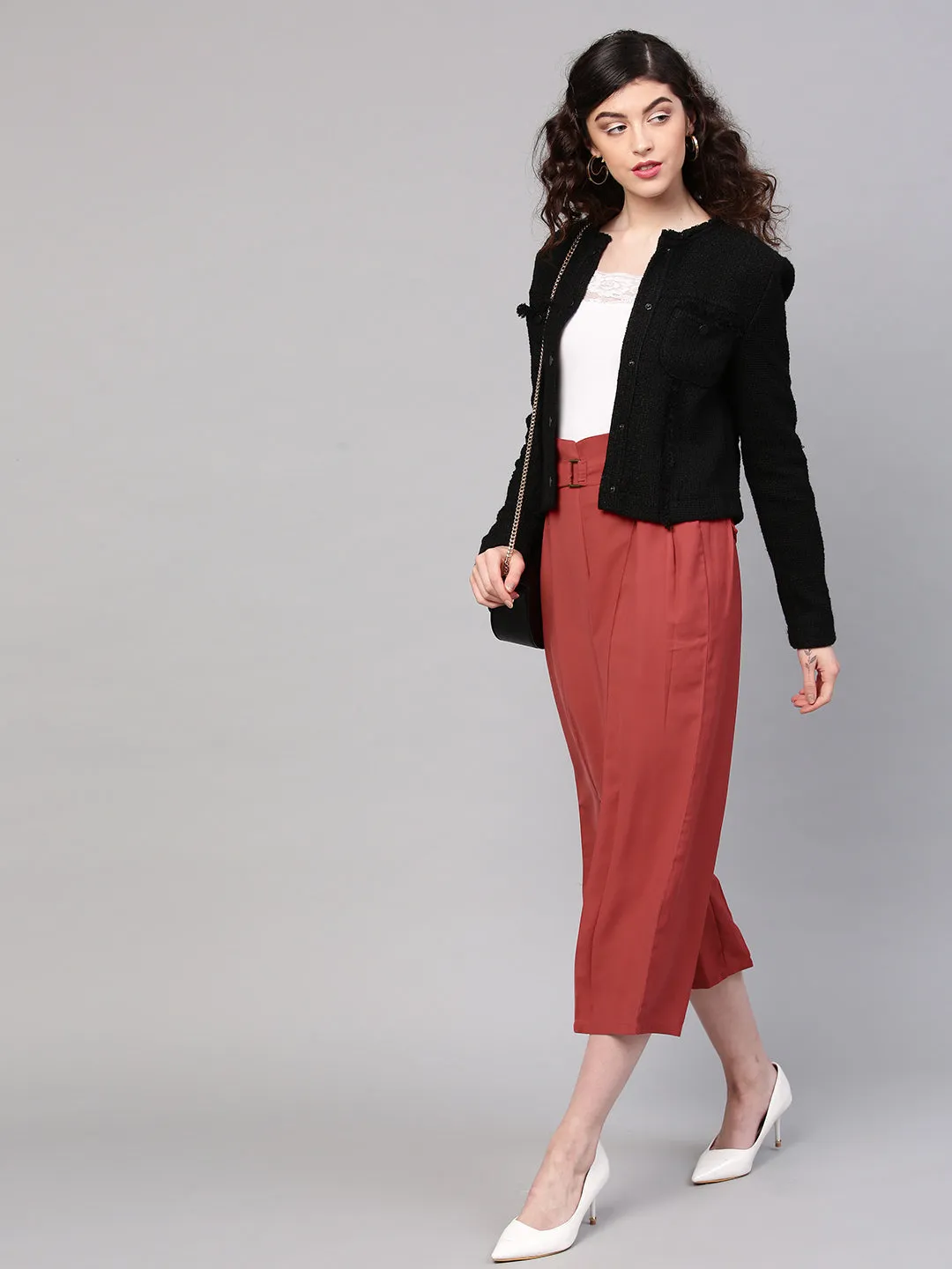 Women Red Paper Bag Waist Culottes