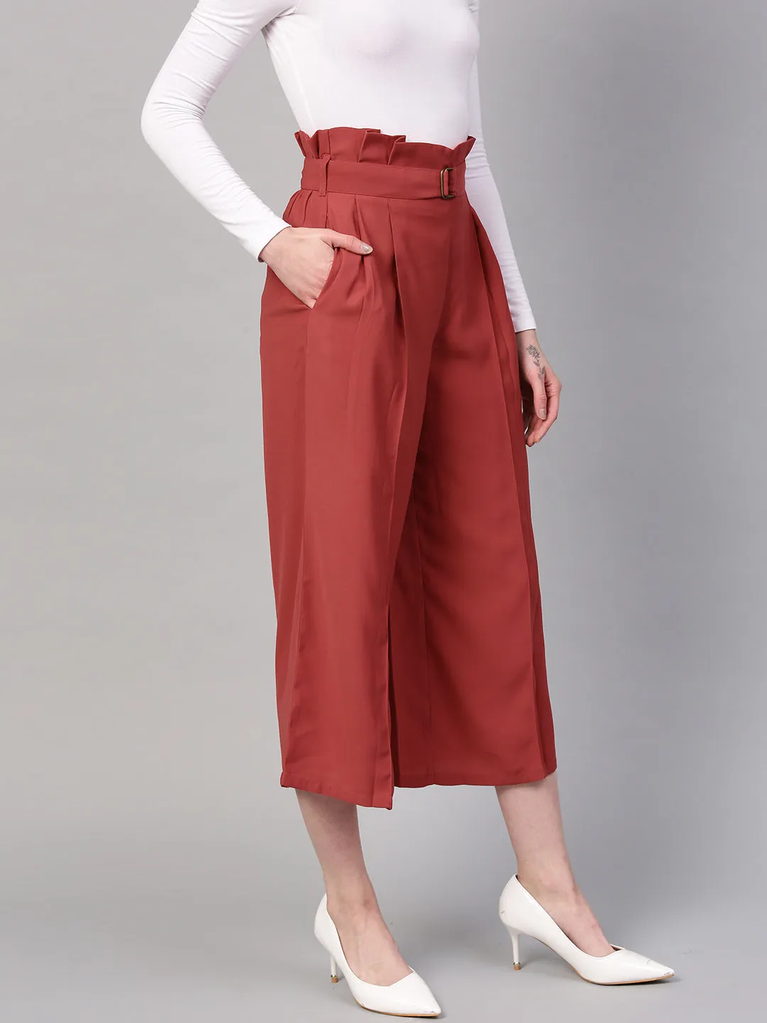 Women Red Paper Bag Waist Culottes