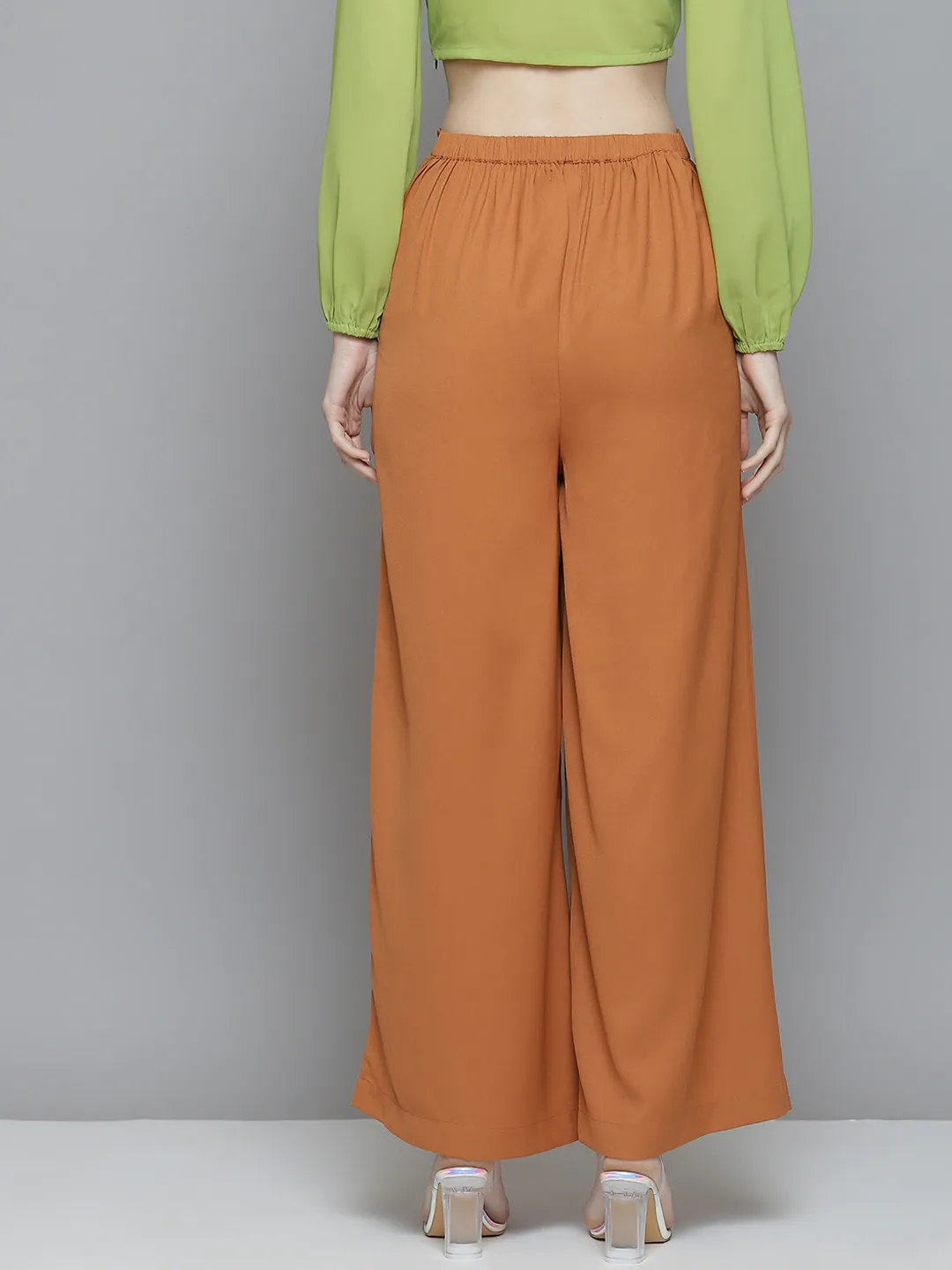 Women Rust Front Pleats Wide Leg Pants