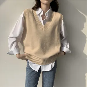 Women Sweater Vest Autumn V-neck Knit Pullover Solid Simple Slim All-match Casual Korean Sleeveless Vintage Vest