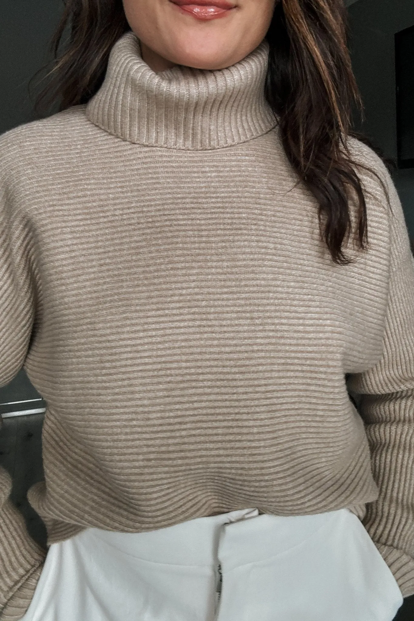 Women's Capsule Wardrobe Soft Knit Turtleneck Sweater | Dolman Sleeve Top | Neutral Beige