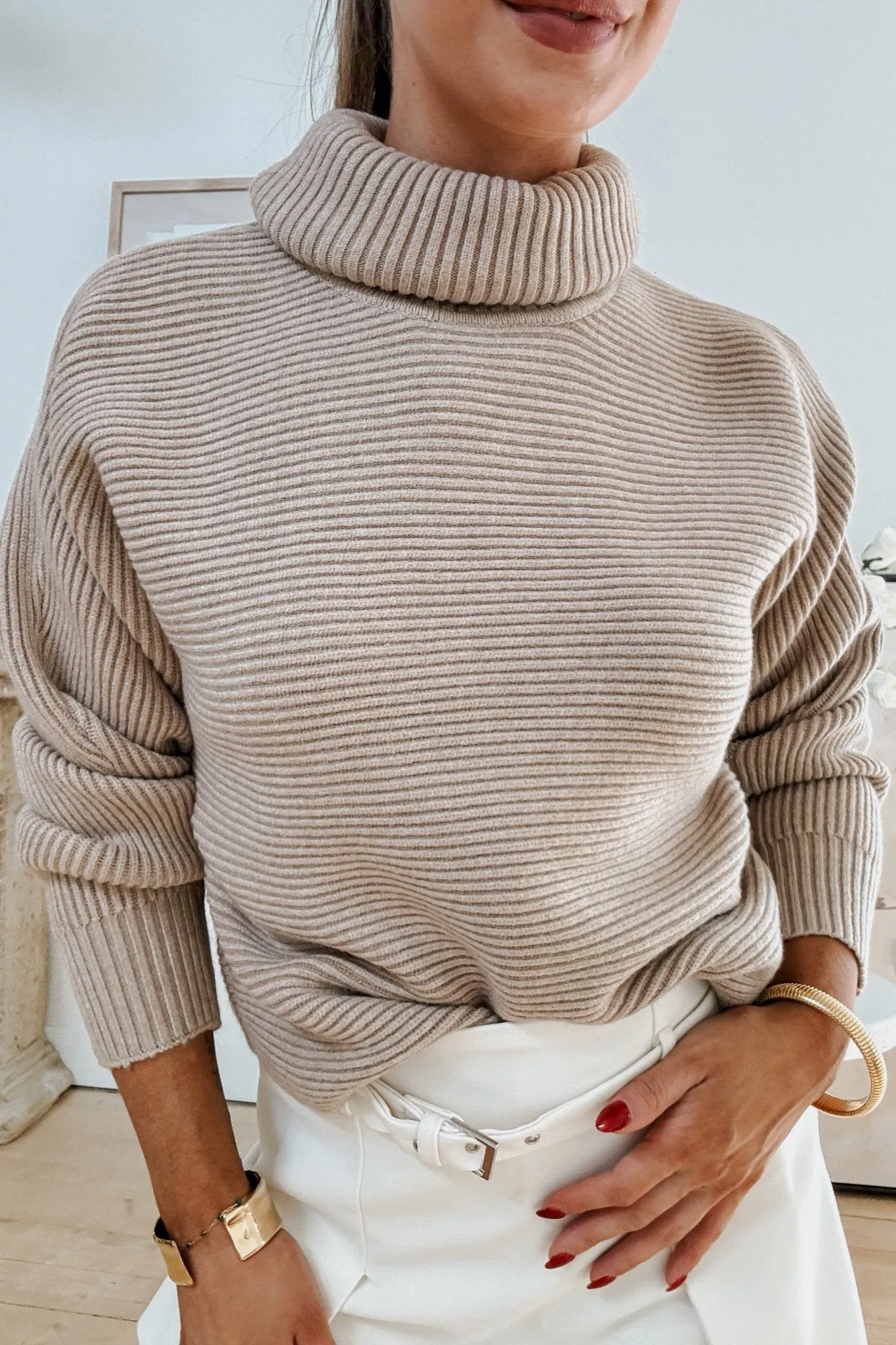 Women's Capsule Wardrobe Soft Knit Turtleneck Sweater | Dolman Sleeve Top | Neutral Beige