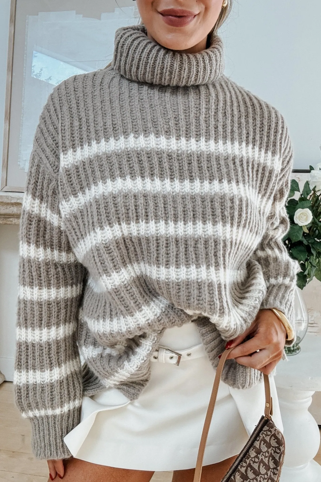 Women's Classic Preppy Oversized Stripe Chunky Knit Turtleneck | Moss Green