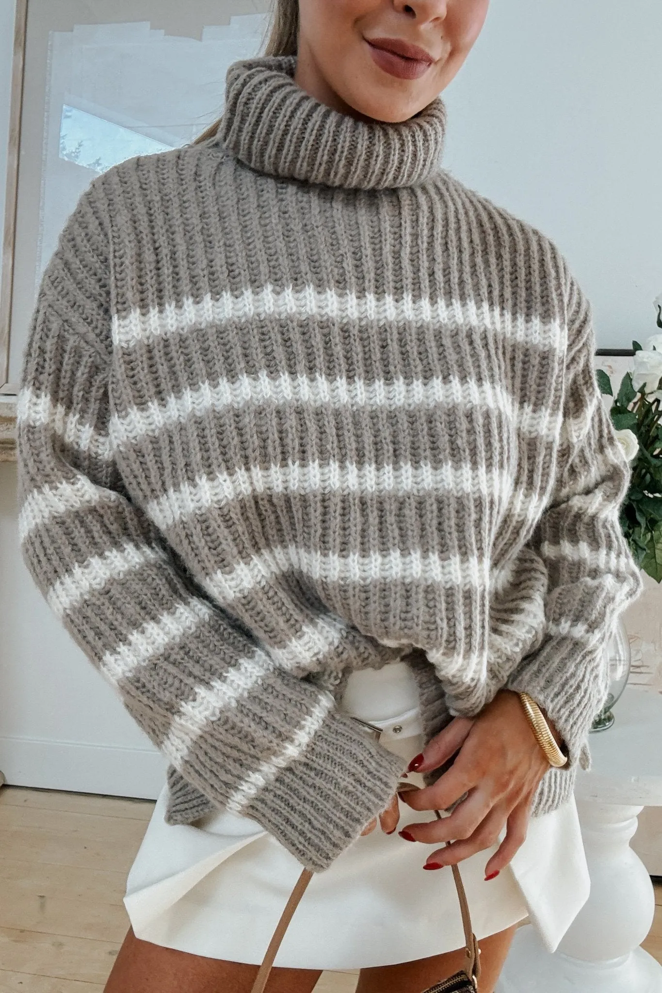 Women's Classic Preppy Oversized Stripe Chunky Knit Turtleneck | Moss Green