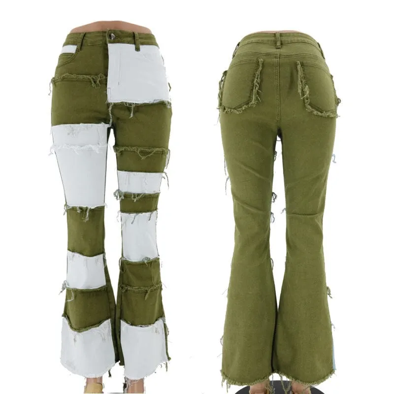 Women's Grunge Contrast Color Splice Flared Pants