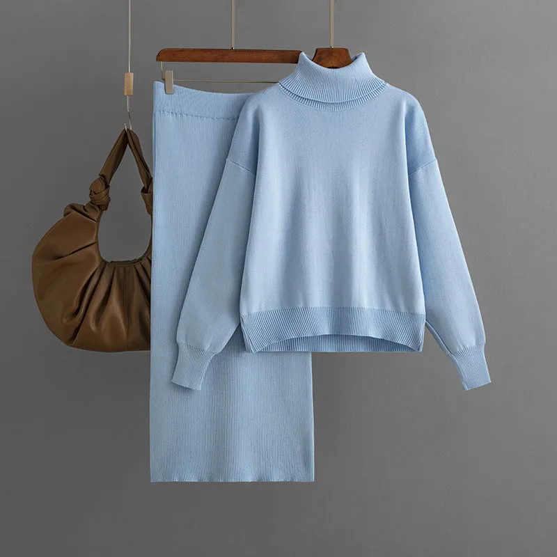 Women's Knit Turtleneck Sweater and Skirt Two-piece Outfit Set