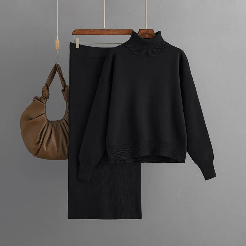 Women's Knit Turtleneck Sweater and Skirt Two-piece Outfit Set