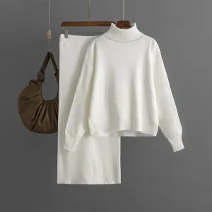 Women's Knit Turtleneck Sweater and Skirt Two-piece Outfit Set